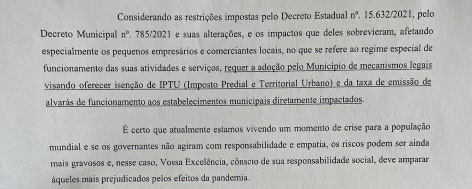 Medidas podem oferecer um alento e respiro aos comerciantes e empresários, que segundo o texto, vêm lutando para sobreviver e - Reprodução