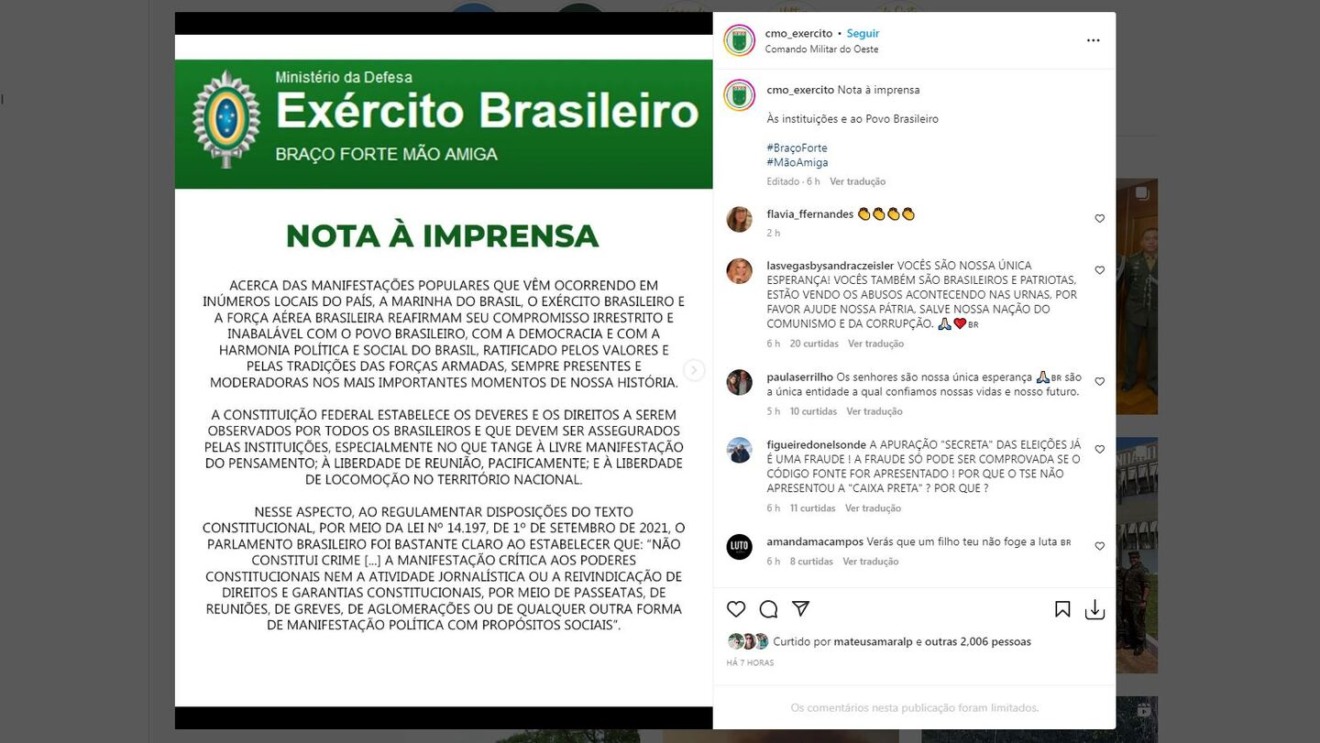 Em nota, a Instituição nacional defendeu a livre manifestação, mas sem ferir o direito de outras pessoas - Foto: Reprodução/Instagram CMO
