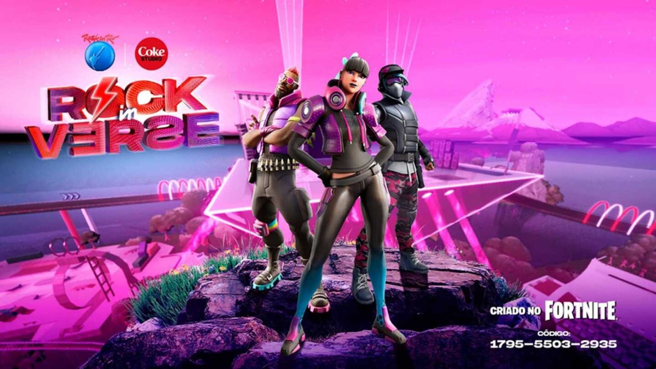 Cenário futurístico teve ilha em formato de guitarra, reprodução fiel aos elementos do Fortnite - Foto: Reprodução Internet