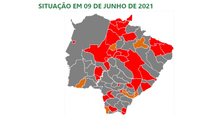 43 municípios estão na bandeira cinza, de grau extremo de contágio por covid-19. - Foto: Reprodução/DOU MS