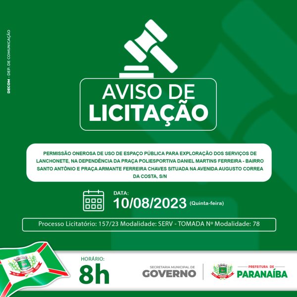 A licitação ocorrerá às 8h, no Paço Municipal, localizado na Avenida Juca Pinhé, nº 333, Jd. Stª Mônica - Divulgação