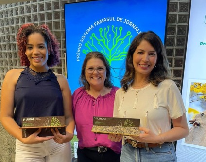 Thais Cintra, Ligia Sabka e Vanessa Bordin durante premiação de jornalistas na Famasul - Foto: Isabelly Melo/CBN CG