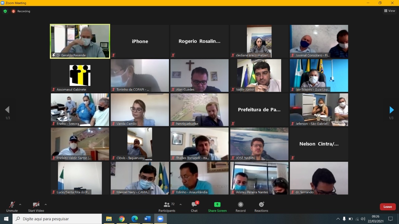 Prefeitos se reuniram de forma virtual, nesta segunda-feira (22). - Foto: Reprodução/Assomasul