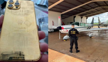 Celular em ouro 24K de marca de luxo e avião apreendidos na Operação Sanctus - Fotos: Divulgação/PF Celular em ouro 24K de marca de luxo e avião apreendidos na Operação Sanctus - Fotos: Divulgação/PF