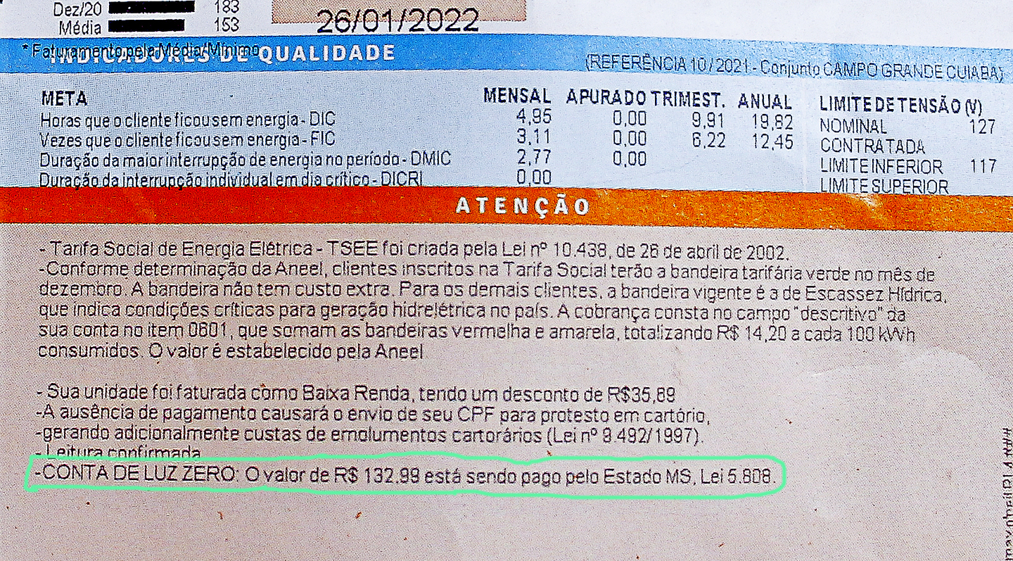 Conta da luz de famílias e baixa renda é paga pelo Governo - Divulgação Portal do MS