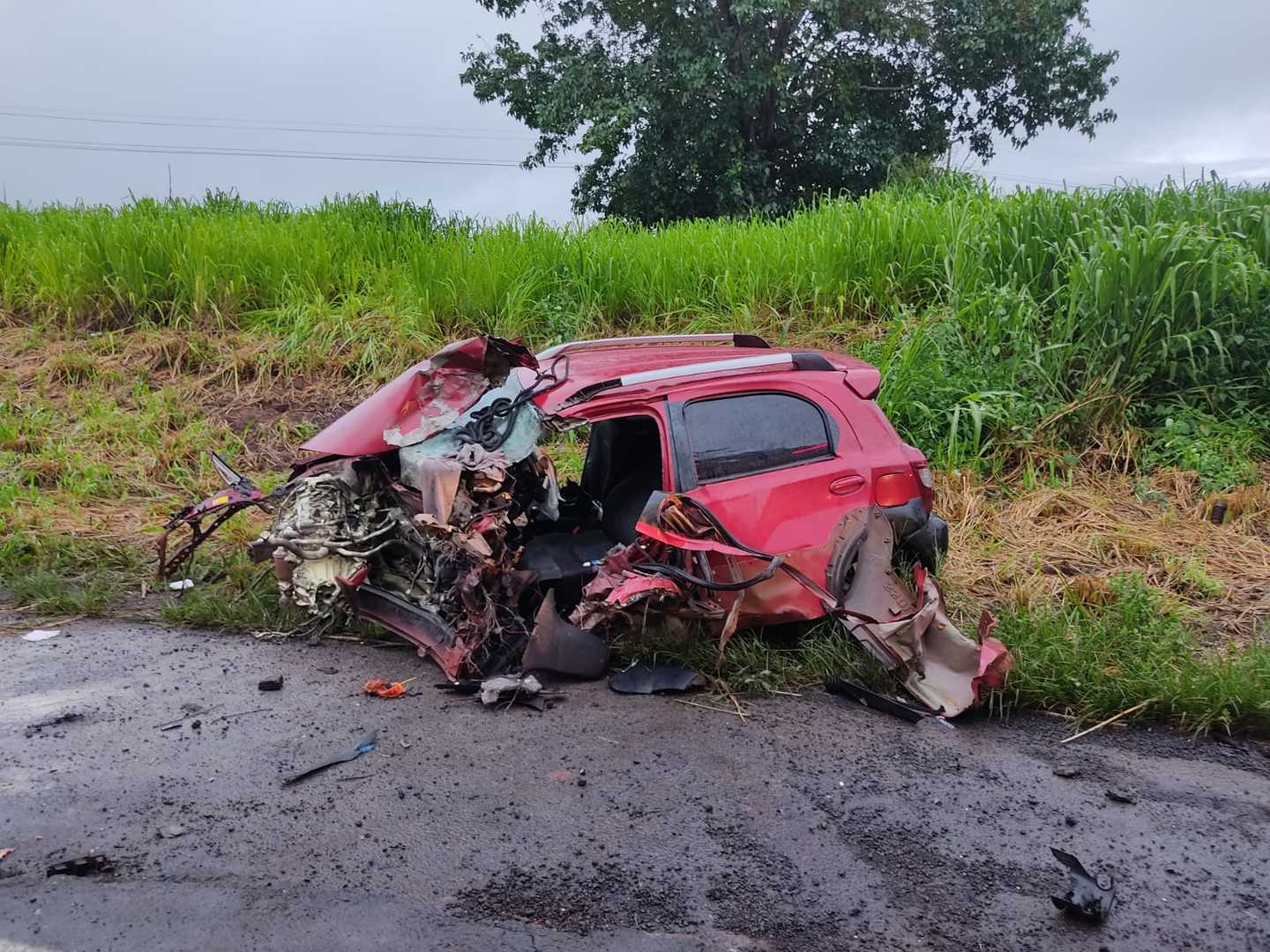 Veículo de passeio ficou destruído com a colisão - Reprodução