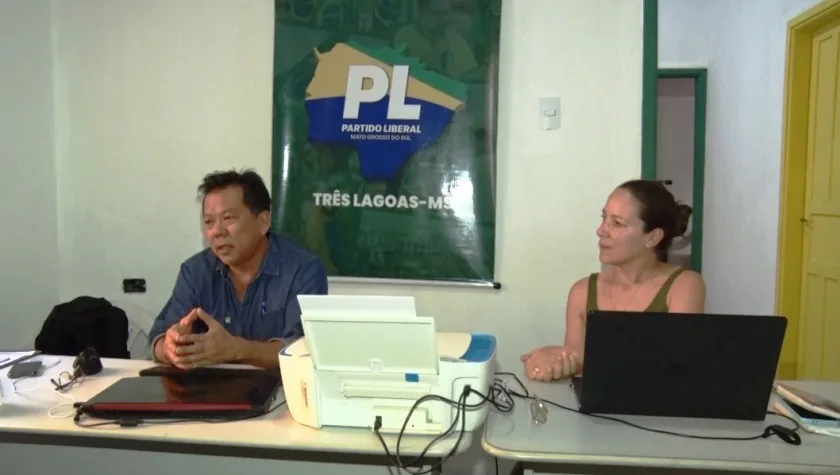 Márcio Hiradi, presidente do diretório municipal, e Mariana Amaral, presidente do PL Mulher no estado. - Foto: Reprodução/TVC