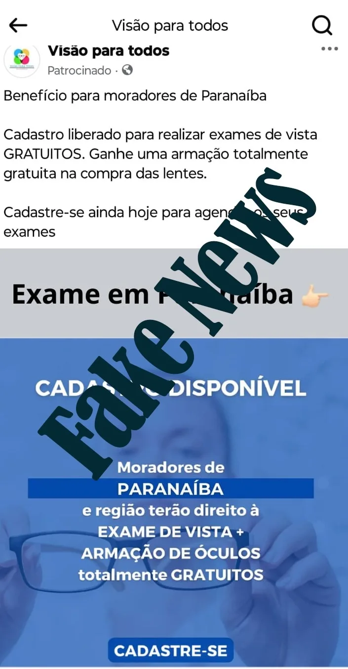 Anúncio oferece consultas e armações de óculos - REDES SOCIAIS