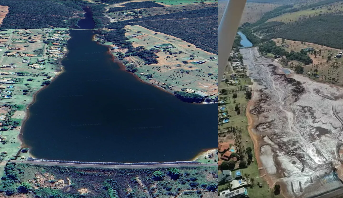 Antes e depois do rompimento da represa do Nasa Park, em Campo Grande - Foto: Reprodução Google Earth/Redes Sociais