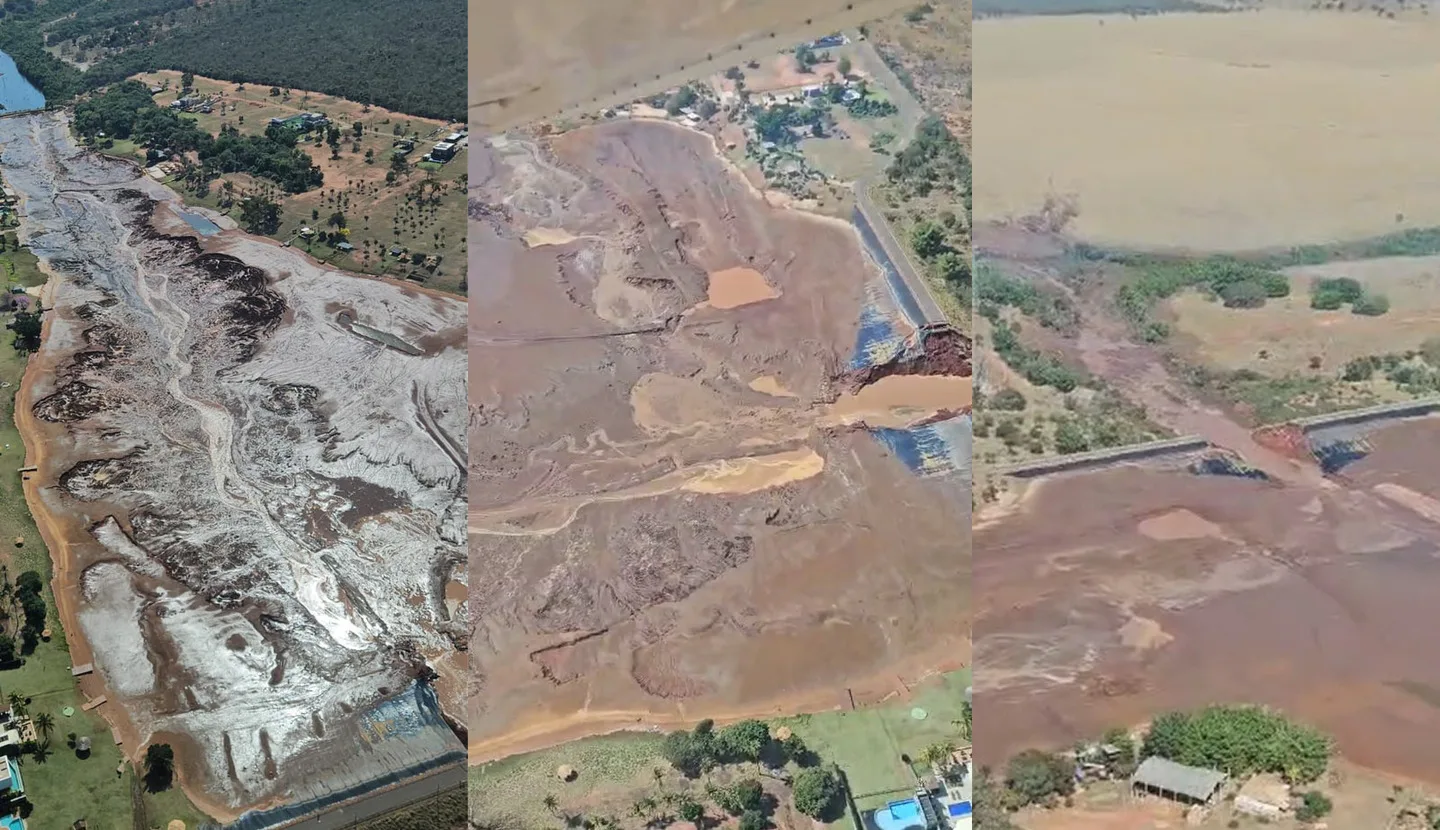 Imagens aéreas gravadas momentos após o rompimento da barragem - Fotos: Reprodução/Redes Sociais