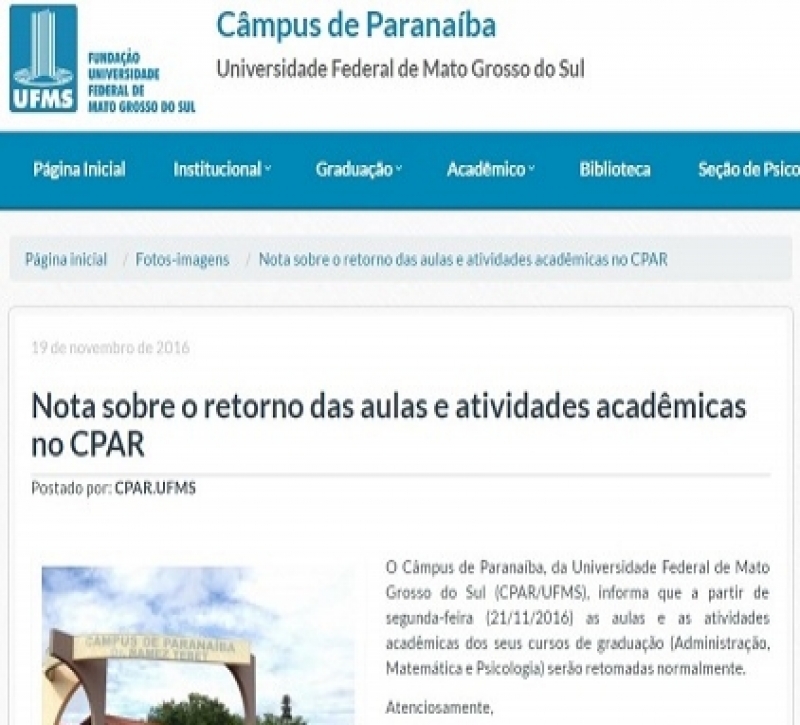 Direção da Universidade informa retomada das atividades - Site Oficial - UFMS Paranaíba