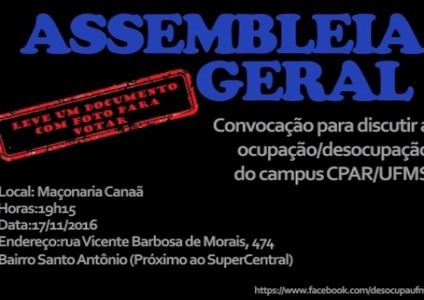 Movimento “Desocupa UFMS/CEPAR JÁ” convoca assembléia - rede social - “Desocupa UFMS/CPAR JÁ”
