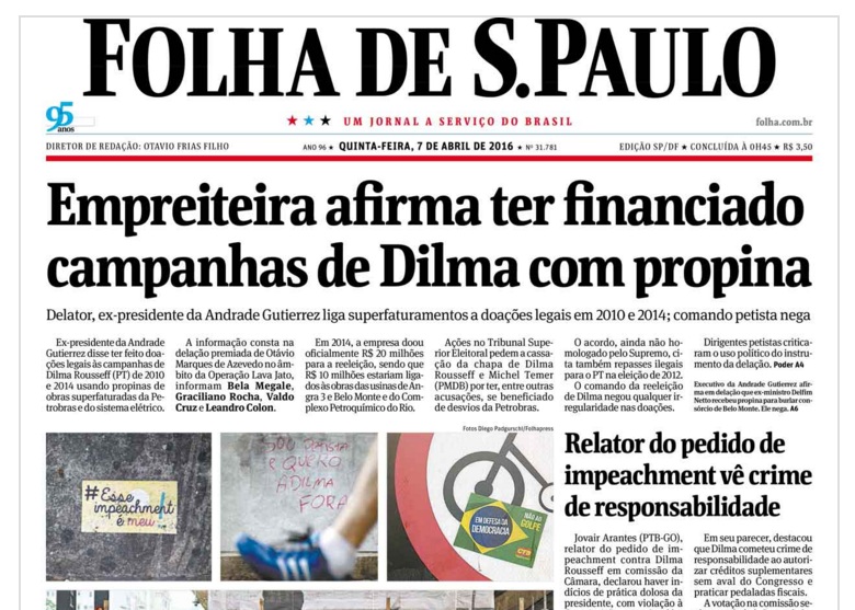 Capa do jornal Folha de S.Paulo com a denúncia de propina paga a Dilma - Reprodução Capa do jornal Folha de S.Paulo com a denúncia de propina paga a Dilma - Reprodução