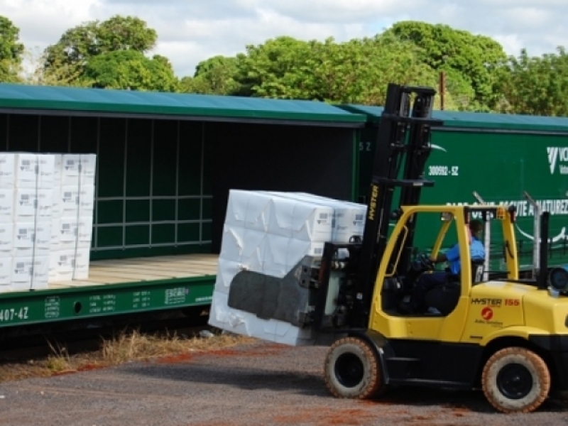 Empilhadeira carrega vagão de trem para transporte de celulose - Arquivo/JP