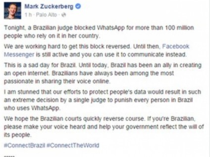 Fundadores do WhatsApp e Facebook criticam bloqueio do aplicativo Fundadores do WhatsApp e Facebook criticam bloqueio do aplicativo