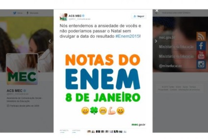 Notas do Enem serão divulgadas no dia 8 de janeiro - Reprodução Twitter/MEC