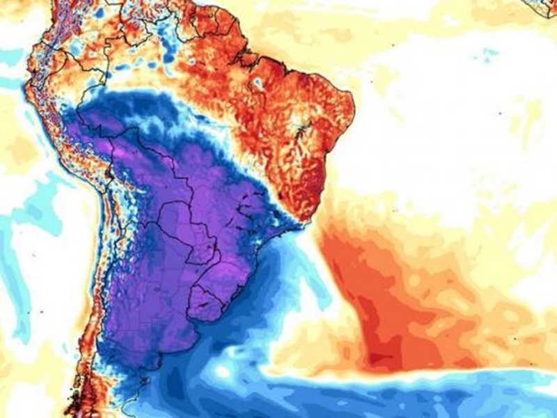 No mapa, a cor roxa mostra a área em que a temperatura cai durante a semana - MetSul Meteorologia/Divulgação
