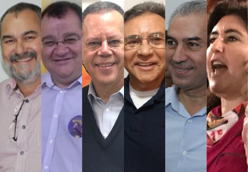 Da esq. à dir., Humberto Amaducci (PT), João Alfredo (PSOL), Marcelo Bluma (PV), Odilon de Oliveira (PDT), Reinaldo Azambuja (PSDB), Simone Tebet (MDB) - Montagem/CBN/Divulgação