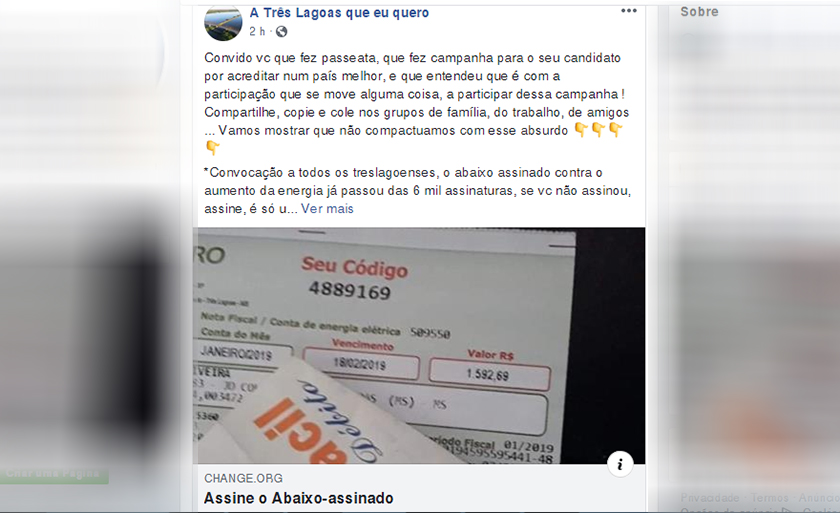 Manifestantes reclamam que as contas tiveram aumento acima de 23% - Reprodução/Facebook