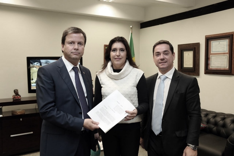 Simone Tebet celebra a aprovação do projeto com o Presidente Nacional da OAB, Cláudio Lamachia - Divulgação/Roberto Castello