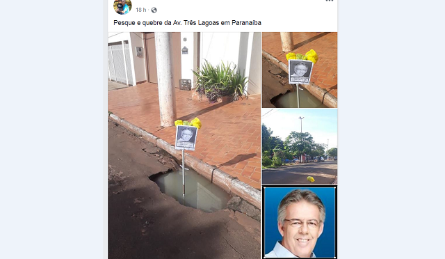 Morador enfeita buraco com foto de prefeito e postagem viraliza na internet