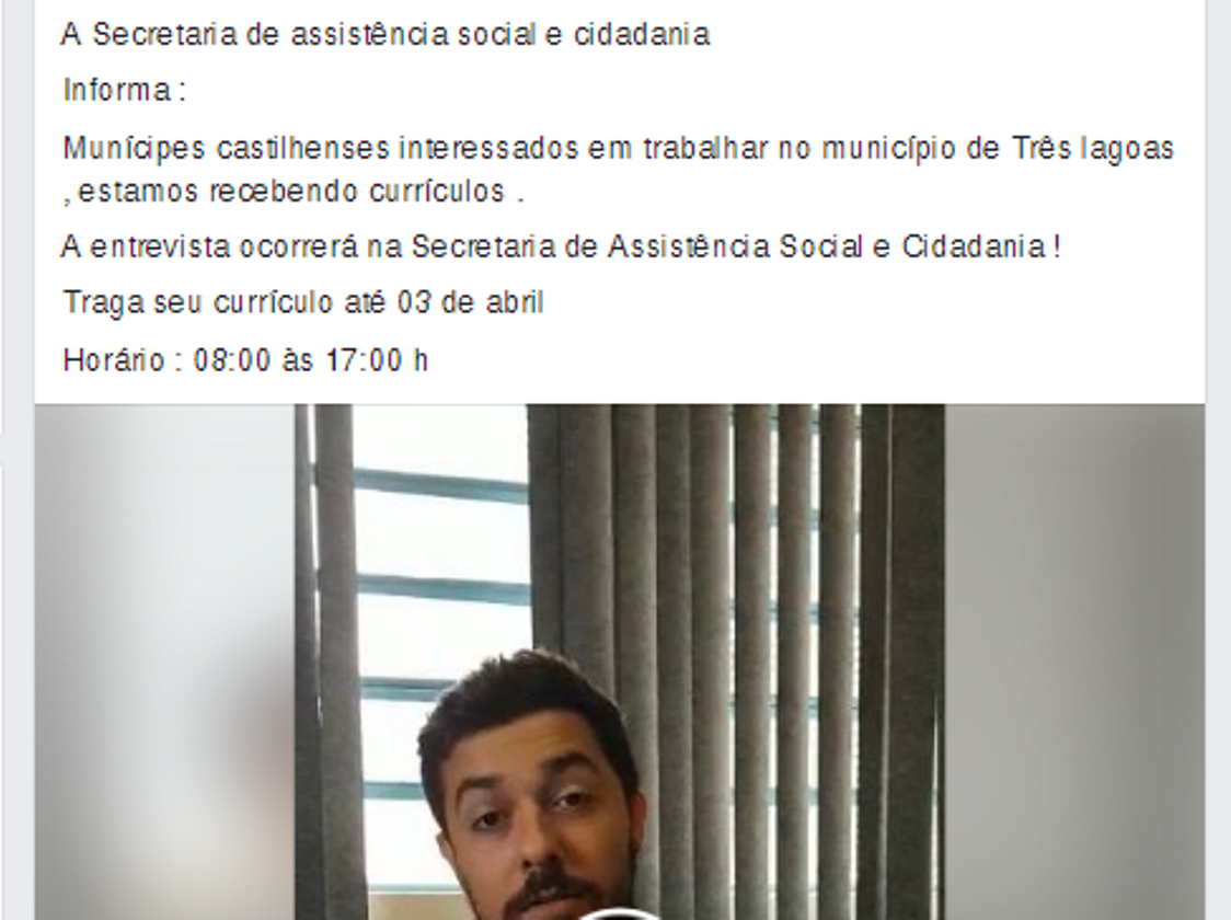 Secretaria de Assistência Social de Castilho recebeu currículos para vagas de trabalho em Três Lagoas - Reprodução