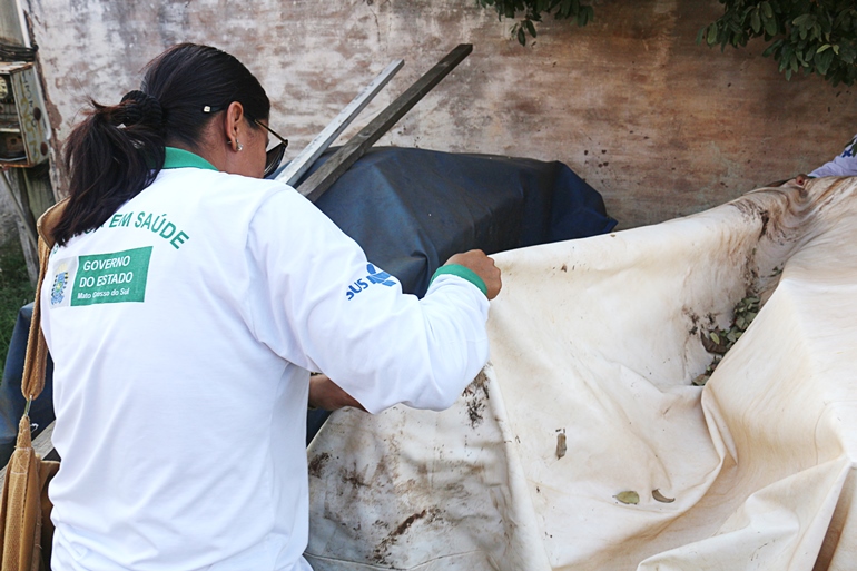 Agente de saúde procura por focos de criadouros do mosquito da dengue em quintal de casa - Danielle Leduc/JPNEWS