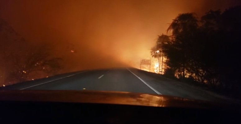 Visibilidade dos motoristas está comprometida com a fumaça do fogo que está dos dois lados da rodovia - Reprodução