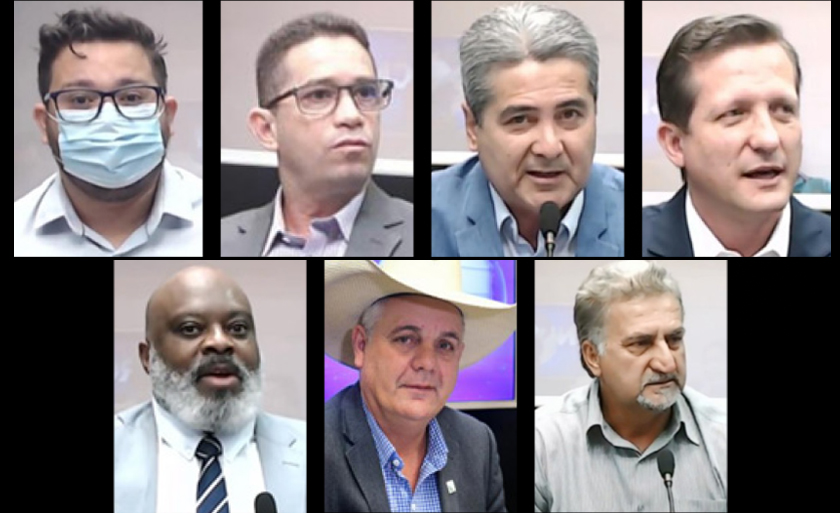 Da esquerda para à direita estão os pré-candidatos a prefeito Reynold Duarte, Ênio de Souza,  Sebastião Neto, Fabrício Venturoli, Renée Venãncio, Ângelo Guerreiro e Divino Lajes - Arte/Danielle Leduc