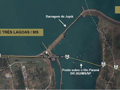 Novo traçado da ponte sobre o Rio Paraná, que interligará Três Lagoas a Castilho SP -