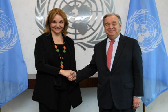 Josette Sheeran com o secretário-geral da ONU, António Guterres - ONU/Evan Schneider/ Arquivo