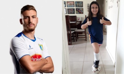 Hugo Gomes, jogador do F.C. Famalicão e Analis Campos, de 9 anos - Arquivo pessoal
