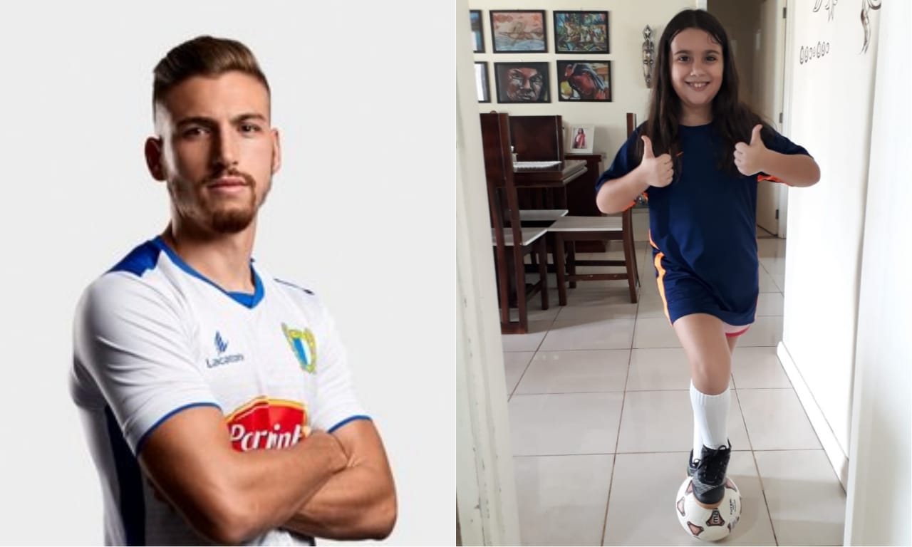 Hugo Gomes, jogador do F.C. Famalicão e Analis Campos, de 9 anos - Arquivo pessoal