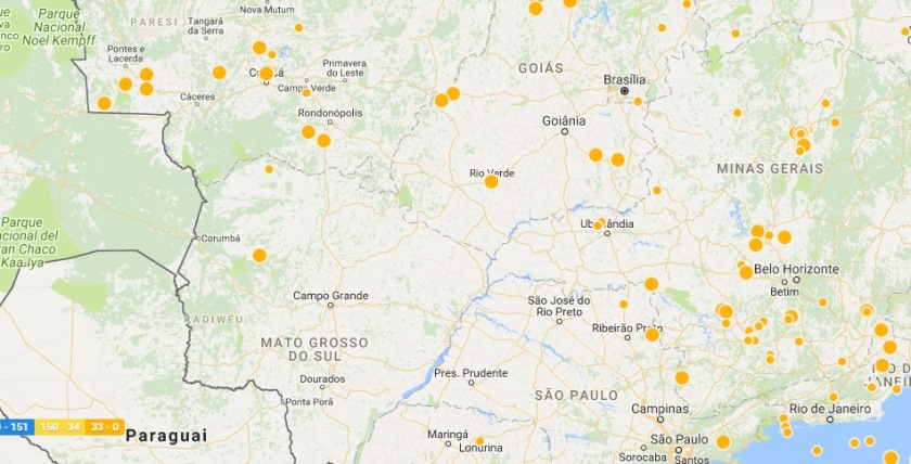 Mapa de tremores em diversas regiões, sendo que em MS o último  foi em 2017, em Aquidauana. - Reprodução/Observatório Sismológico