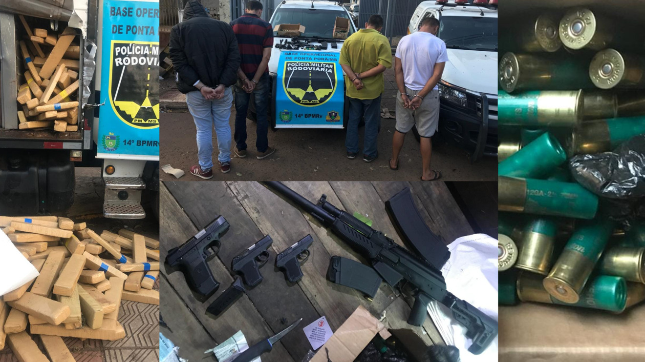 Além da droga, a polícia encontrou 2 revólveres calibre 380, uma pistola 9 milímetros, 1 carabina calibre 12, e 500 munições - (Fotos: PMR/Montagem: CBN Campo Grande)