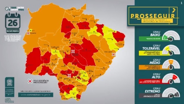 Com relação à semana anterior (46ª), 38 municípios mantiveram, 10 municípios melhoraram e 31 municípios pioraram seu grau de risco. - Foto: Reprodução/SES