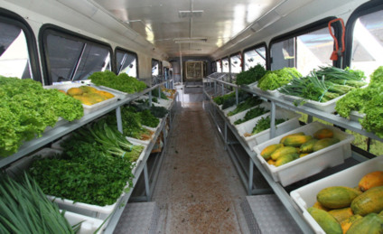 Comercialização dos produtos é feita no Ônibus Saladão, adaptado para ser um mercado itinerante - Divulgação/Sedec