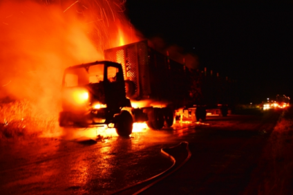 Carreta carregada com eucalipto pega fogo em rodovia  - Sérgio melucci / rádio portal news