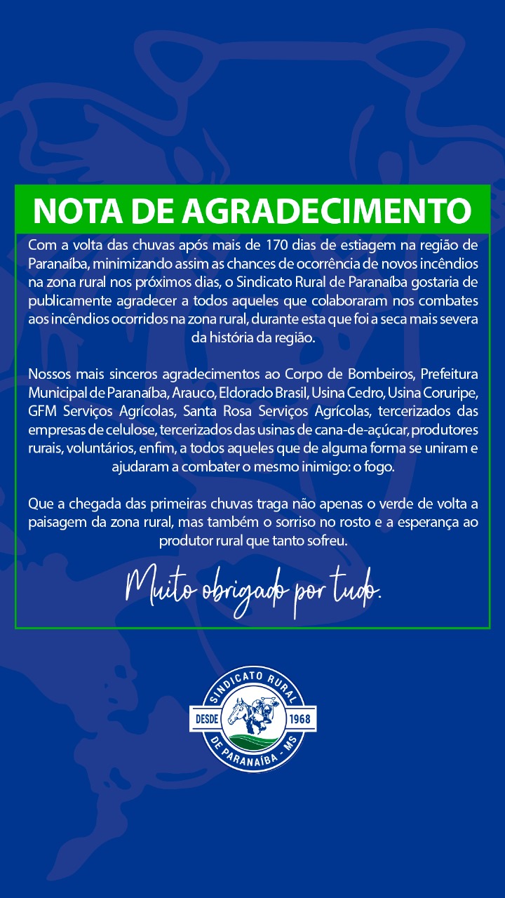 Sindicato Rural agradece apoio no combate aos incêndios durante período de seca