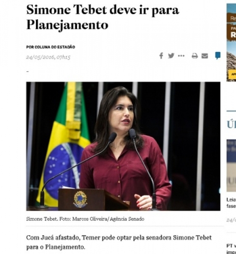 Jornal aponta Simone como possível preferida de Temer para o cargo - Reprodução/O Estado de S.Paulo