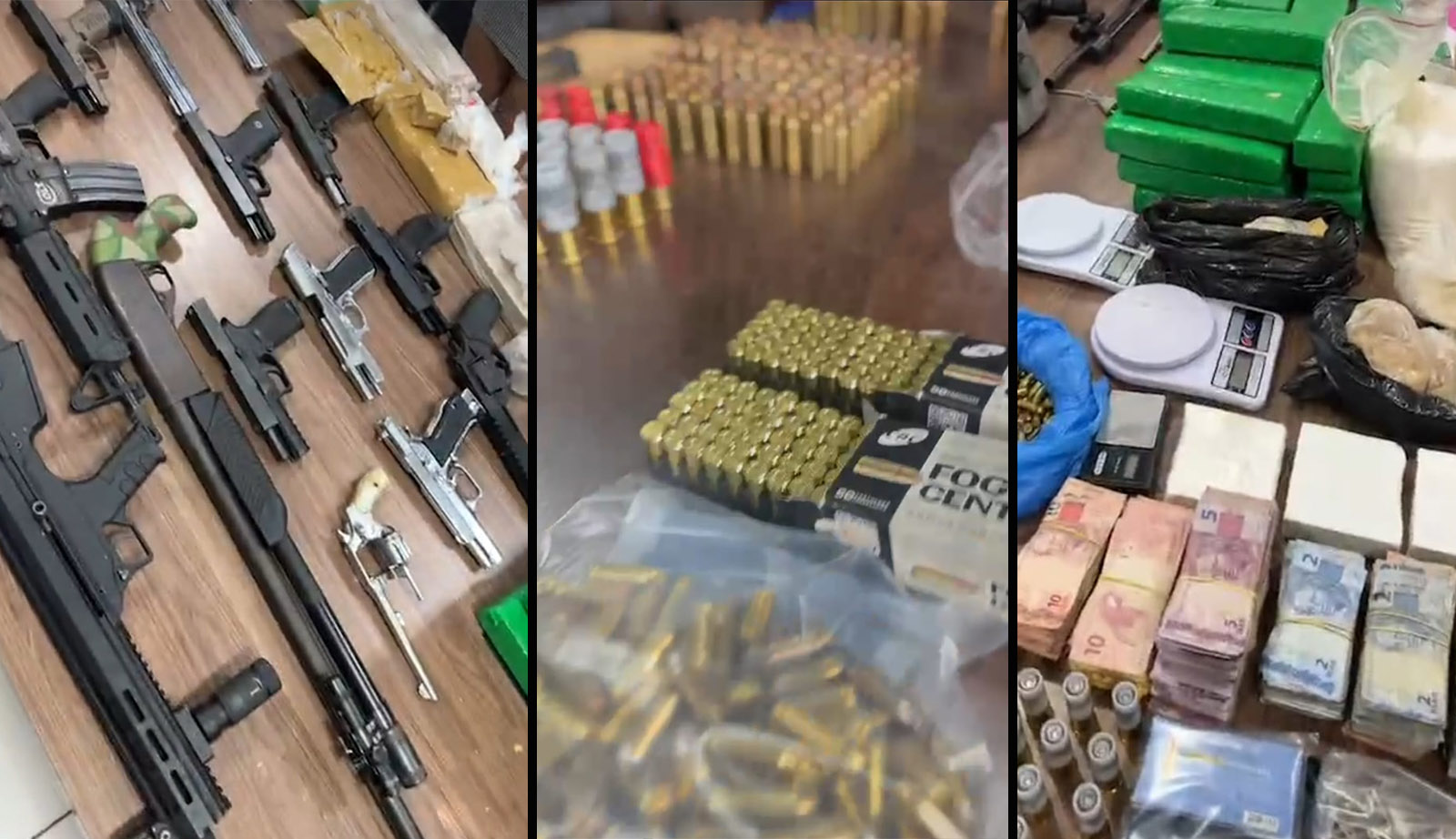 Armas, munição e drogas apreendidas durante a operação