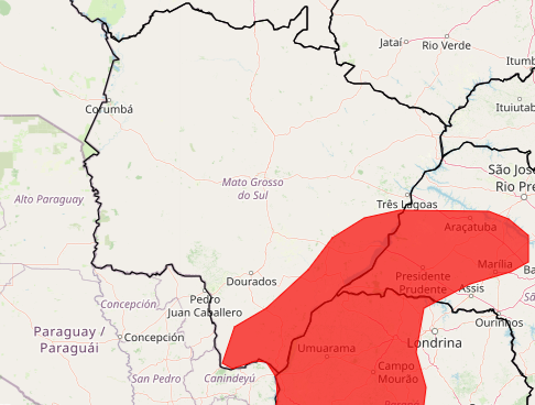 O alerta de perigo está sob 26 municípios na faixa Sudeste de MS - Foto: Reprodução INMET