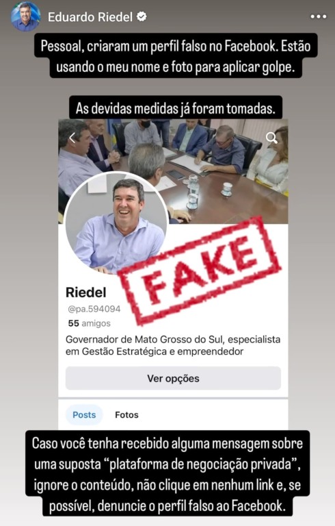 Story publicado por Riedel no Instagram denunciando o perfil falso - Foto: Reprodução/Redes Sociais GovMS