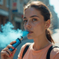 Mulher branca, olhos azuis utilizando cigarro eletrônico