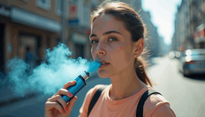 Mulher branca, olhos azuis utilizando cigarro eletrônico