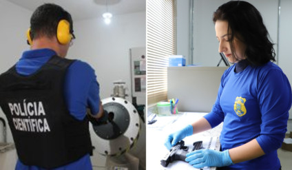 Peritos da Polícia Científica durante testes e análise de armamento apreendido