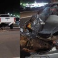 Chevrolet Classic ficou com a frente destruída após acidente em Três Lagoas.