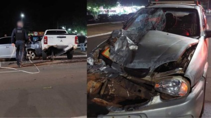 Chevrolet Classic ficou com a frente destruída após acidente em Três Lagoas.