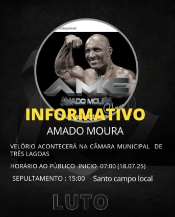 Corpo do fisiculturista Amado Moura será velado nesta sexta-feira em Três Lagoas