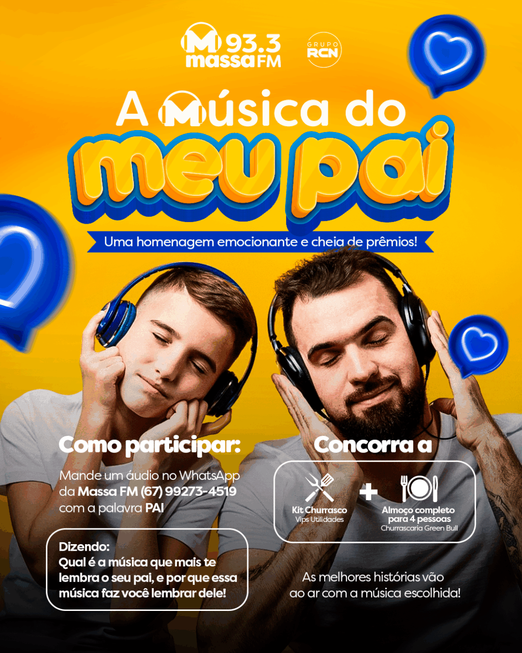 Promoção “A MÚSICA DO MEU PAI” celebra o Dia dos Pais na Massa FM Três Lagoas com histórias, música e prêmios!